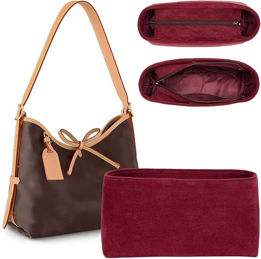 Doxo Velvet Purse Organizer Insert for LV Carryall MM, Carryall Bag Organizer Insert with Zipper Closure & YKK Zipper Pocket, Luxury Handbag Tote Lining Bag Shapers for Women (Burgundy, MM) by Doxo