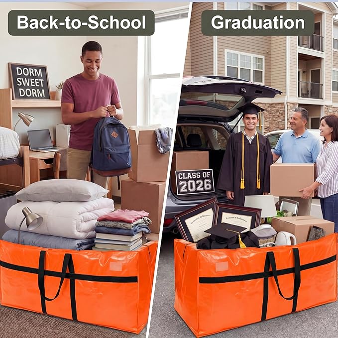 Windyun 4 Pack 57 Gallon Extra Large Moving Bags XXL Heavy Duty Storage Bag with Strong Zipper Handle Jumbo Big Tote Box Foldable for College Dorm Travel Clothes Duffle Blanket Pillow(Orange) - Image 5