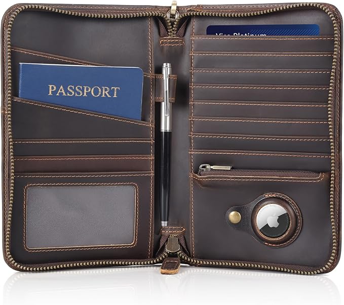 Polare Full Grain Leather Travel Passport Holder RFID Blocking Cover Case Travel Document Organizer Wallet Holders 2 Passports With YKK Zipper (Dark Brown with AirTag Slot) by polareoriginal