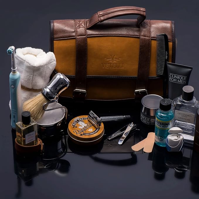 Vetelli Leather Toiletry Bag for Men - Water Resistant, 2 Zippered Internal Pockets, 2 Snap-Fastened Internal Pockets, and Hanging Hook. - Image 3