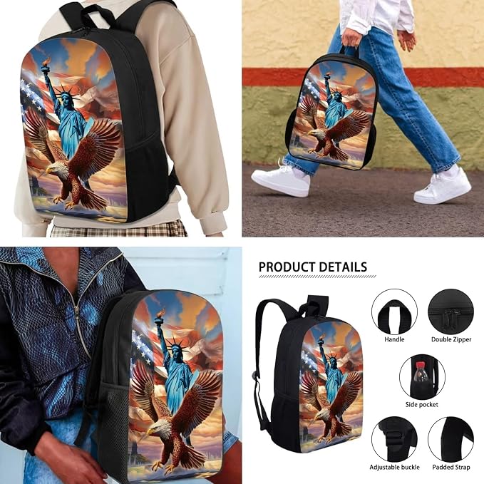 Mumeson Eagle State of Liberty Backpack Schoolbag Set for Teen Kids Lightweight School Backpack with Insulated Lunch Bag Pencase Pencil Bag Storage Bag Organizers Set 3 Pack - Image 5