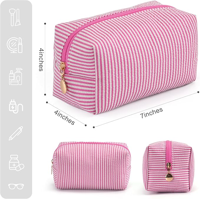 Makeup Bag Set for Women, 6PCS Travel Cosmetic Bags Pencil Case, Striped Seersucker Toiletry Organizer Pouches, Cute Makeup Pouch for Purse, Accessories and Gifts, Rose Red - Image 2