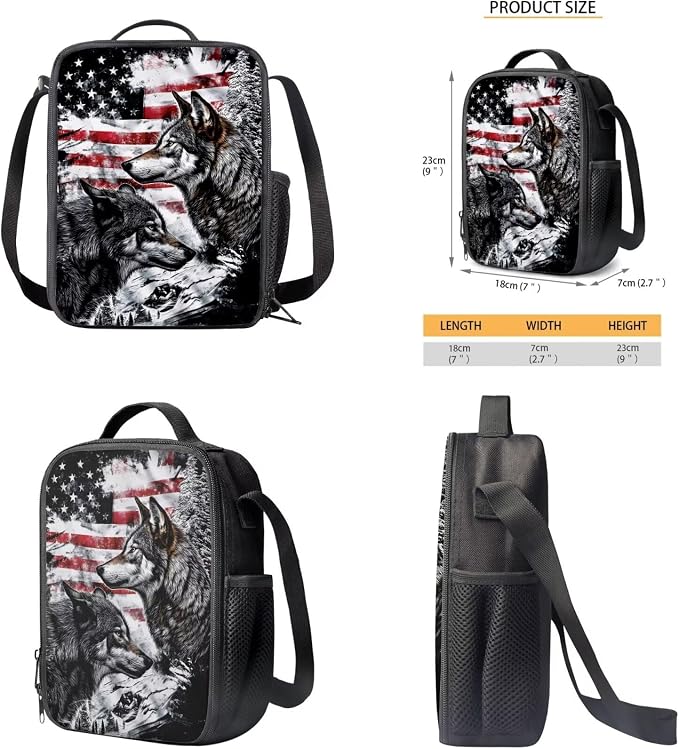 American Flag Wolf Backpack for Boys Kids Backpack with Lunch Box Water Bottle Bag and Soft Pencil Case 4PCS Set Bookbag with Compartments for School Teens 17 inch Large Capacity School Bag - Image 5