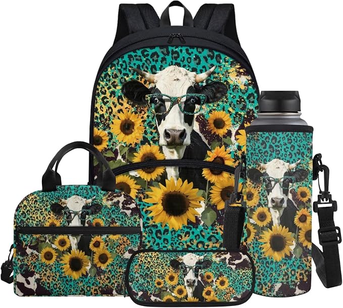 Kids School Bags Cow Sunflowers Leopard Print 17 Inch Backpack Set 4 in 1, with Pencil Pen Case/Water Bottle Sleeve/Insulated Thermal Cooler Lunch Box by Glomenade