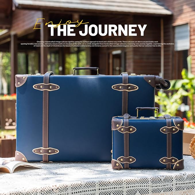 urecity 26" Vintage Luggage Set, 2 Piece Navy Blue Retro Checked Suitcase with Cosmetic Case, Luxury Vegan Leather Aluminum Frame Spinner Trunk for Women (with Protective Clear Cover) - Image 9