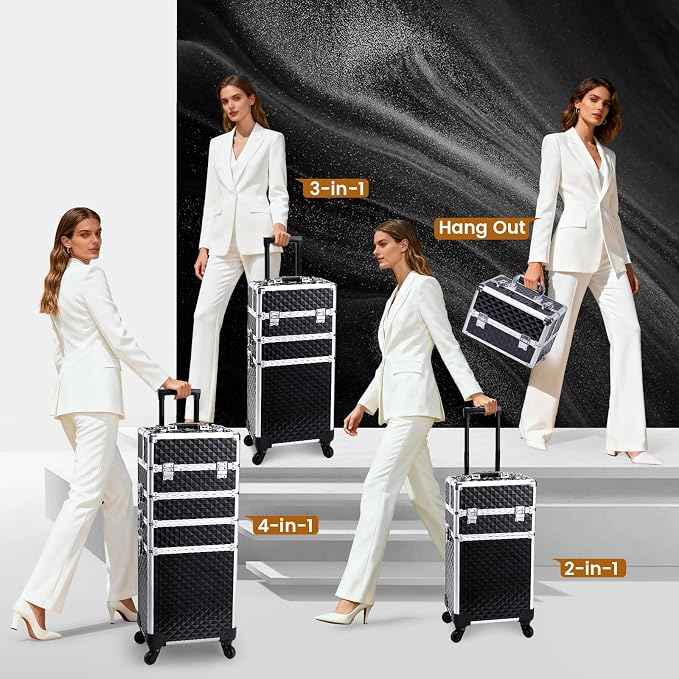 Stagiant Rolling Makeup Case Cosmetology Case on Wheels 4 in 1 Large Cosmetic Organizer Train Case Makeup Travel Case with Key Swivel Wheels Nail Artist Salon Storage Traveling Cart Trunk Black - Image 4