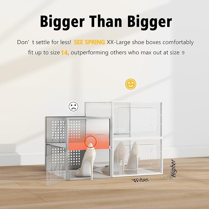 SEE SPRING XXX-Large Fit Size 14 Shoe Storage Box, Clear Plastic Stackable Shoe Organizer for Closet, Shoe Rack Sneaker Container Bin Holder for Entryway, Closet, Under Bed - Image 2