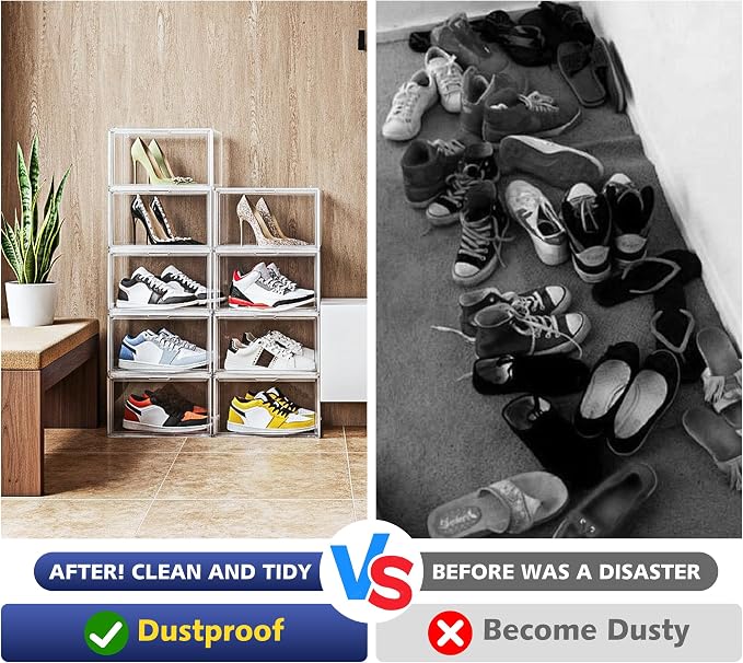 12 Pack Acrylic Clear Shoe Storage Boxes Size 12, Transparent Display Case for Sneaker Collections, Baseball Caps, Hat Organizer Dust-free Shoe Cubbies Stackable Sneaker Boxes - Image 5