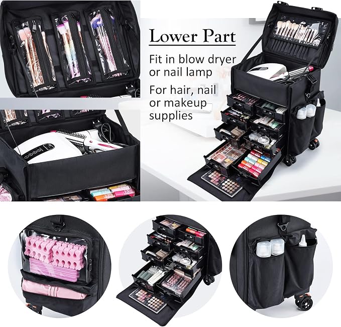 Stagiant Professional Rolling Makeup Case Soft Sided Cosmetology Organizer Wheeled Nylon Train Case Portable Travel Supply Station for Makeup Artist Nail Technician Hair Stylist Crafters - Image 3