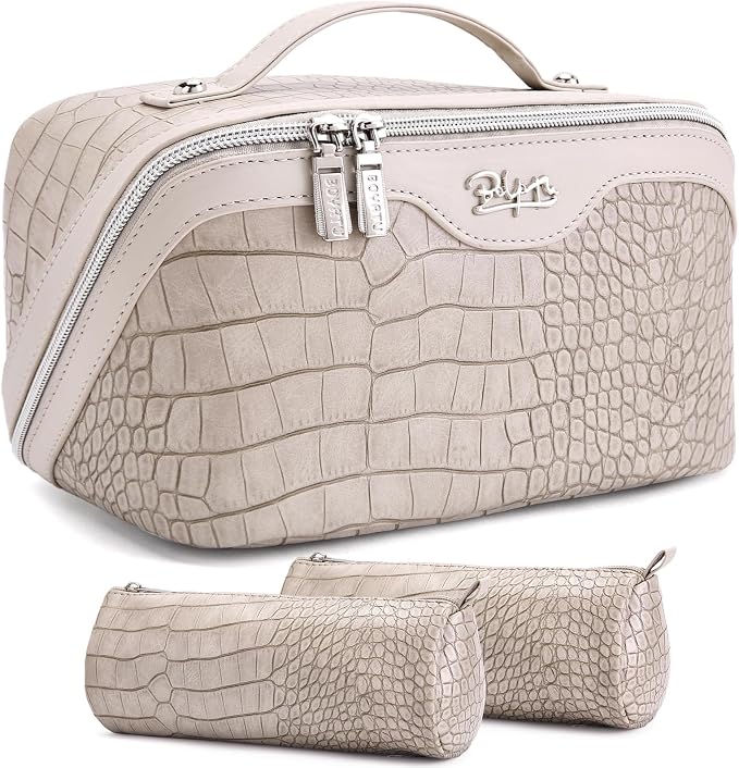 BOYATU Travel Makeup Bag Cosmetic Bags for Women: 3 Pcs Set Large Capacity Make up Bag with Handle - Crocodile Pattern Vegan Leather Toiletry Bags Travel Essentials with Compartments(E-5-Apricot) by BOYATU
