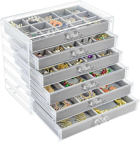 Watpot Acrylic Jewelry Box Organizer and Storage 6 Drawer for Earring Display Gray by Unknown