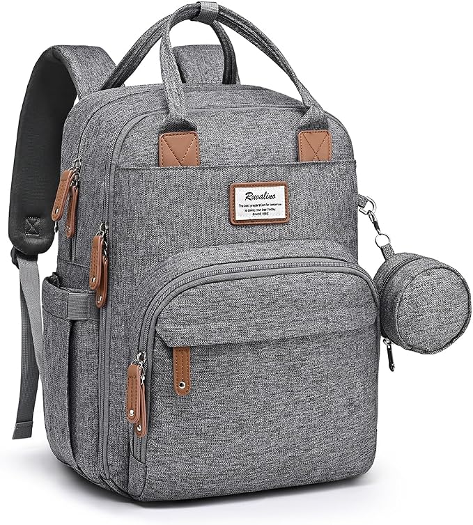 RUVALINO Diaper Bag Backpack-Multifunction Travel Baby Diaper Bag with Changing Pad, Insulated Bottle Holders & Pacifier Case, Large Capacity, Waterproof, Gray by RUVALINO
