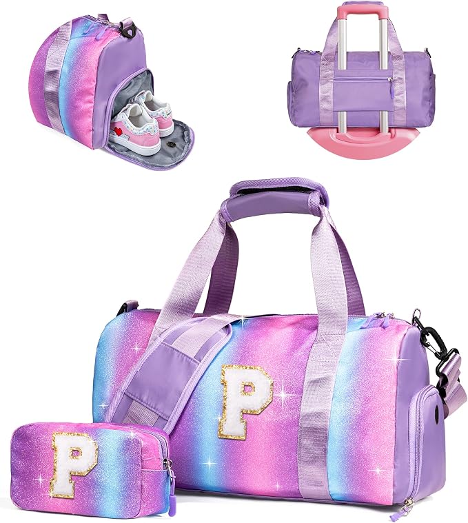 Girls Trip Gifts for Kids-Girl Gym Bag with Shoe Compartment, Kid Personalized Weekender Overnight Bags, Initial Travel Tote with Makeup Pouch, Valentines Day Gift (Letter P) by Vogewood
