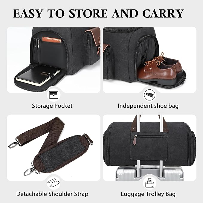 Canvas Garment Bags for Travel, Convertible Carry On Garment Duffel Bag for Men Women, 2 in 1 Suit Bag Hanging Suitcase Business Travel Bag with Shoe Compartment (Black, XL) - Image 4