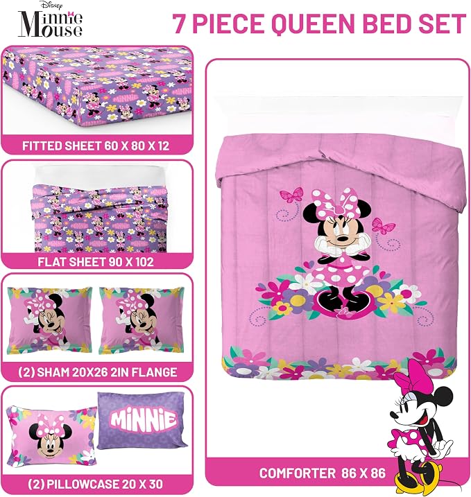 Disney Minnie Mouse Queen Comforter Set 7 Piece Kids Bedding, Pink | Bed in a Bag, Comforter Sheets Shams Pillowcases, Official Brand, Soft Microfiber, Machine Washable, Girls Gift - Image 3