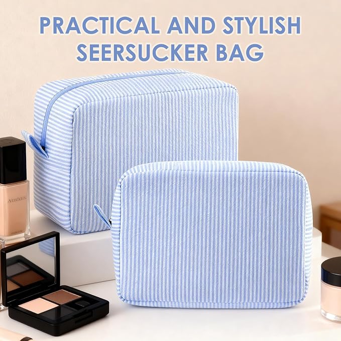 Sanwuta Seersucker Cosmetic Bag Bulk Striped Makeup Bag for Women Aesthetic Cute Travel Toiletry Organizer Preppy Storage Pouch for Wedding Bridesmaid Mother's Day Teacher Gift(Large,Light Blue,6) - Image 6