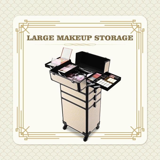 BYOOTIQUE Rolling Makeup Case 4in1 Cosmetology case on wheels Makeup Artist | Aluminum Rolling Makeup Suitcase with 360° Detachable Wheel Lockable 54Lb Large Capacity Organizer Nail Tech AD Pastel - Image 2