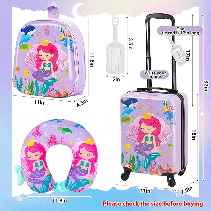 Sanwuta 4 Pcs Kids Luggage Set Back to School Gifts for Girls Boys Carry On Rolling Suitcase Backpack Neck Pillow Travel Set(18 Inch,Mermaid Style,Purple) - Image 2