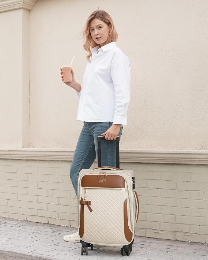 22x14x9 Airline Approved, 20" Softside Suitcase for Travel | Carry On Luggage ,4 packing cubes, Lightweight for Women Men, TSA Lock, 4 Spinner Wheels,Beige - Image 2