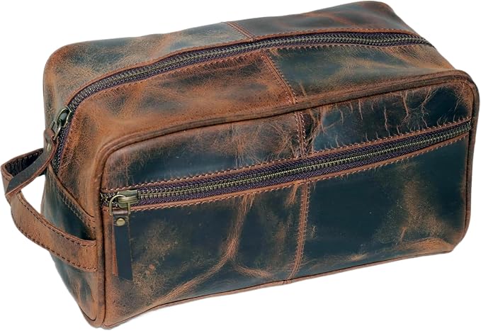 jaald Men's Genuine Brown Leather Toiletry Bag Shaving Bags And Grooming For Travel Groomsmen Gift Men Women Hanging Zippered Makeup Bathroom Cosmetic Pouch Case Make Up kit by Jaald
