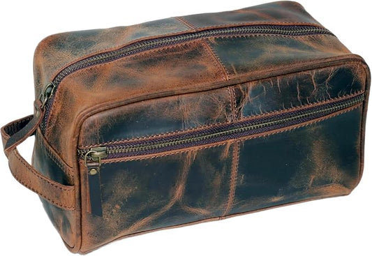 jaald Men's Genuine Brown Leather Toiletry Bag Shaving Bags And Grooming For Travel Groomsmen Gift Men Women Hanging Zippered Makeup Bathroom Cosmetic Pouch Case Make Up kit by Jaald