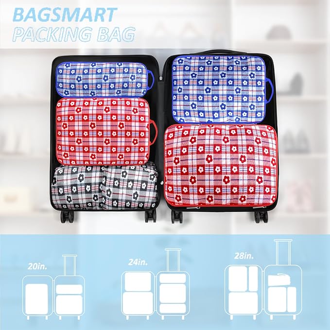 Geometric Flower Compression Packing Cubes for Travel (7 Piece) | Tear-Resistant, Separate Shoe Compartment, Travel Essential Organizer Bags for Clothes, Shoes & Toiletries, Red Blue Black - Image 5