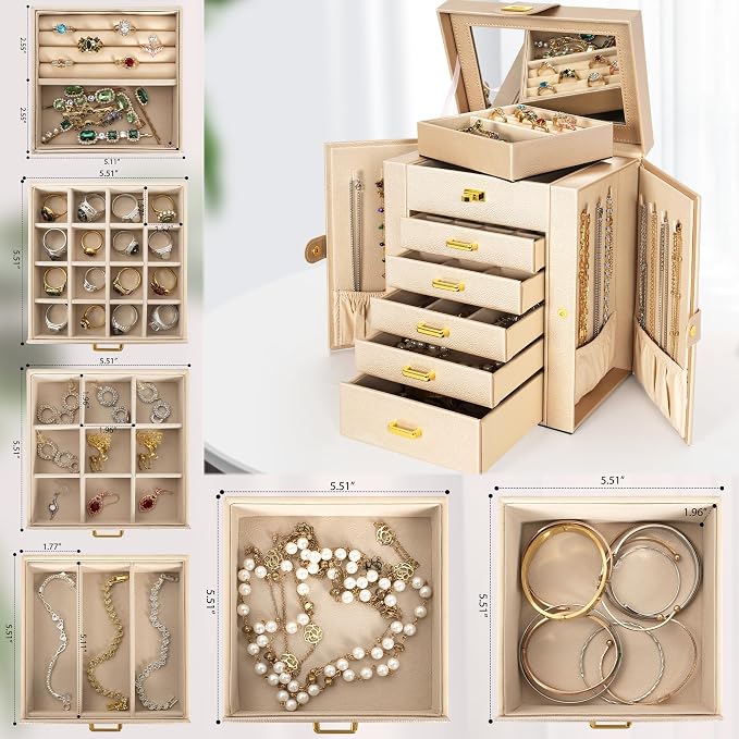 AKOZLIN 6-Tier Jewelry Box Organizer Functional 5 Drawers Leather Jewelry Storage Case for Women Girls Ring Necklace Earring Bracelet Holder Organizer with Mirror Champagne Regular - Image 7