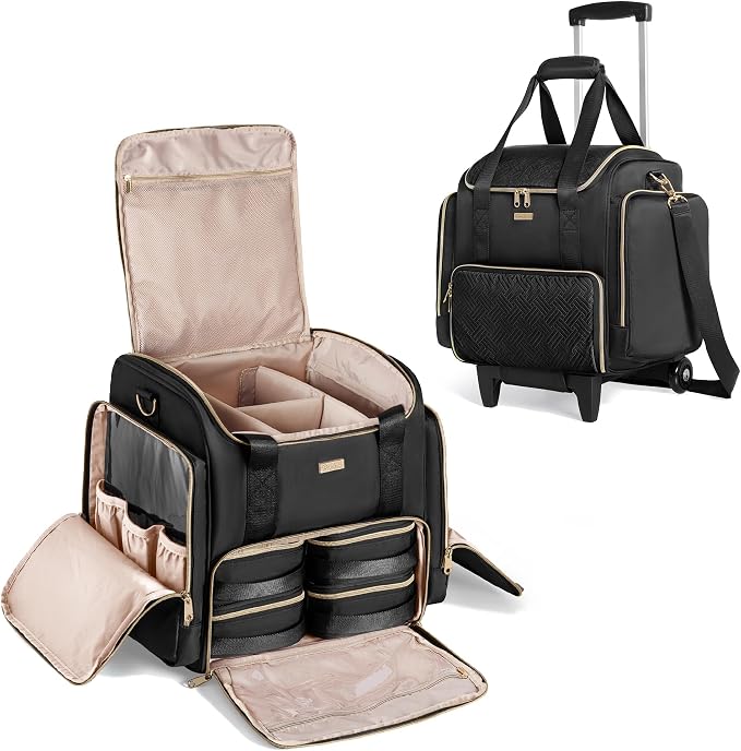 Rolling Makeup Case, Professional Makeup Train Case with Wheels | Makeup Artist Travel Bag with 4 Removable Bags, Professional Train Case with Adjustable Handle & Strap, Brush Storage Section by Prokva