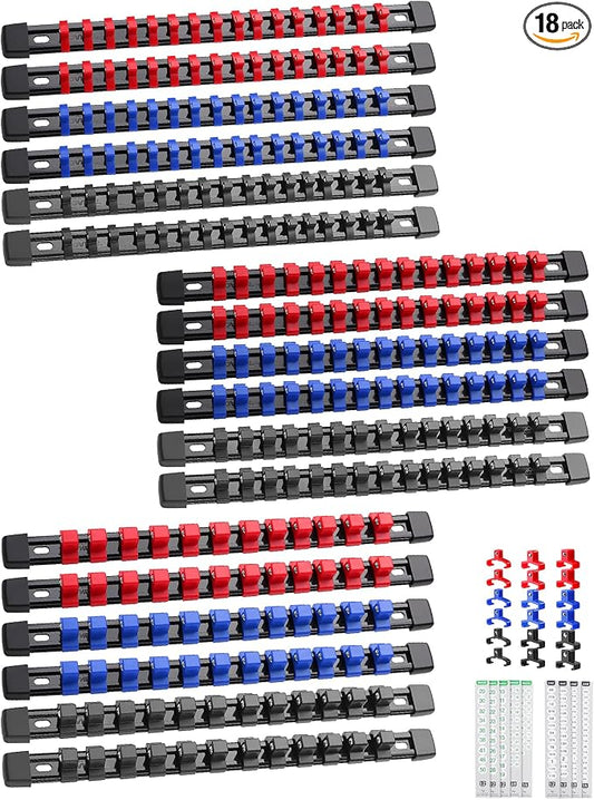 ALOANES 18PC Socket Organizer, Socket Rails Fit 1/2", 1/4" and 3/8" Drive | Portable Heavy Duty ABS Socket Holders Hold up 258 Sockets for Toolbox Drawer Bags(3 Color) by Aloanes