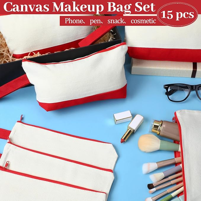 Silkfly 15 Pcs Cotton Canvas Makeup Bags Cosmetic Zipper Bags 10.2 x 5.5 x 2'' Blank DIY Pouch Bulk Pencil Case with Bottom Travel Toiletry Pouch for Women Craft Decor Gift (Beige and Red) - Image 5