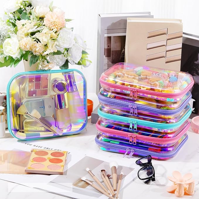 Sanwuta 6 Pcs Clear Hard Zipper Case Plastic Zipper Pouches Transparent Makeup Bag Pencil Case Pouches Toiletry Diaper Bag for Travel Toy Storage Organizer Bins(Holographic,9.84 x 7.87 x 2 Inch) - Image 6