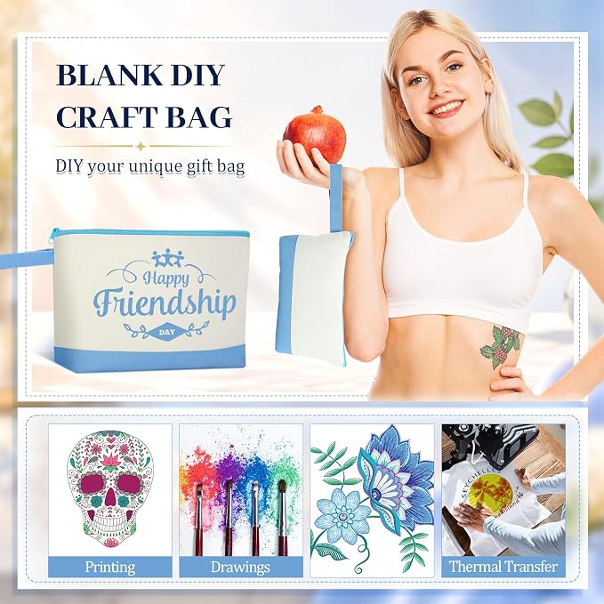 Silkfly 15 Pcs Cotton Canvas Makeup Bags Cosmetic Zipper Bags 10.2 x 5.5 x 2'' Blank DIY Pouch Bulk Pencil Case with Bottom Travel Toiletry Pouch for Women Craft Decor Gift (Beige and Light Blue) - Image 6