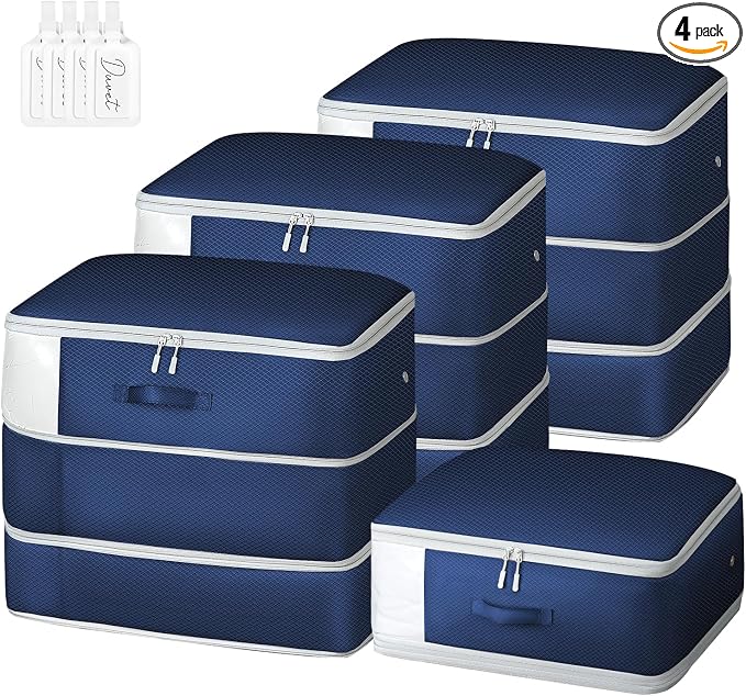Comforter Storage Bag - Large Capacity Blanket Storage Bags 3-Layer Ultra Space Saving Self Compression Organizer, Washable Compression Bags for Storage Comforter Blanket, 4-Pack, Navy Blue by EasortmPackingCubes