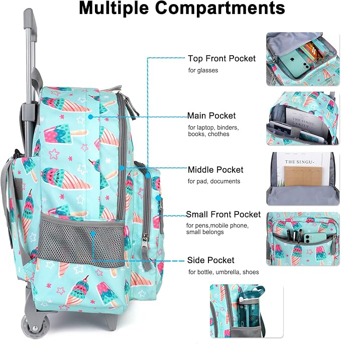 Tilami Rolling Backpack 18 inch Double Handle with Lunch Bag Wheeled Kids Backpack for Girls and Boys, Icecream Green - Image 3