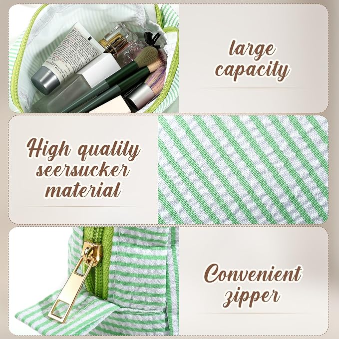 Sanwuta 10 Pcs Seersucker Cosmetic Bag Seersucker Makeup Bag Women Stripe Large Travel Toiletry Organizer Preppy Storage Pouch for Embroidery Wedding Bridesmaid Bride Mom (Green) - Image 3