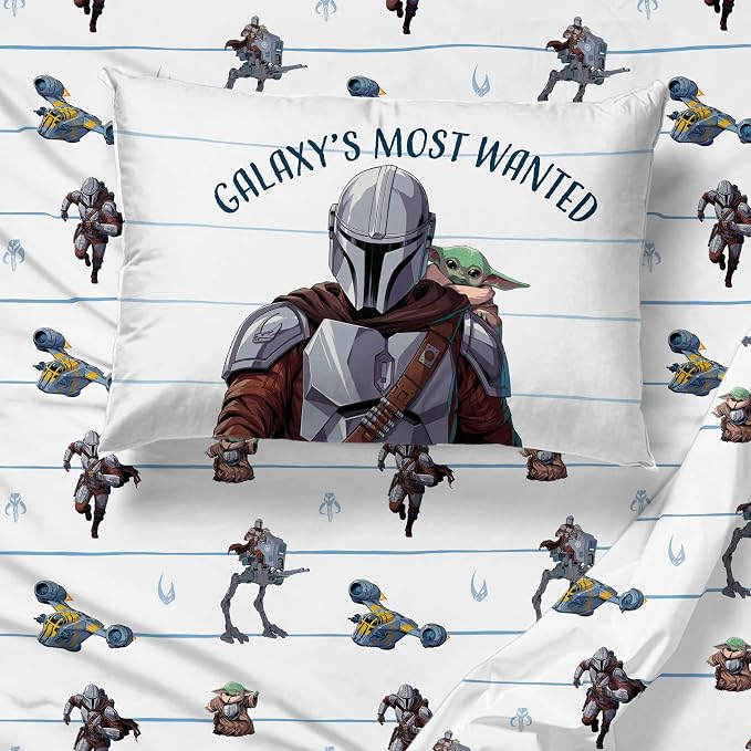 Jay Franco Kids Sheet Set with Fitted, Flat Sheets & Pillow Cover - Ultra-Soft Bedding with Pillowcase for Room Decor, White - Star Wars Mandalorian, 3 Piece Twin - Image 7
