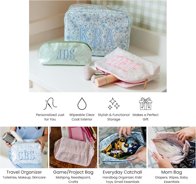 Personalized Clear Coated Pouch - Medium or Large Toiletry Bag with Embroidered or Applique Monogram, Custom Makeup or Travel Organizer, Easy-Clean Cosmetic Bag, Travel Gift for Women (Peony, M) - Image 5