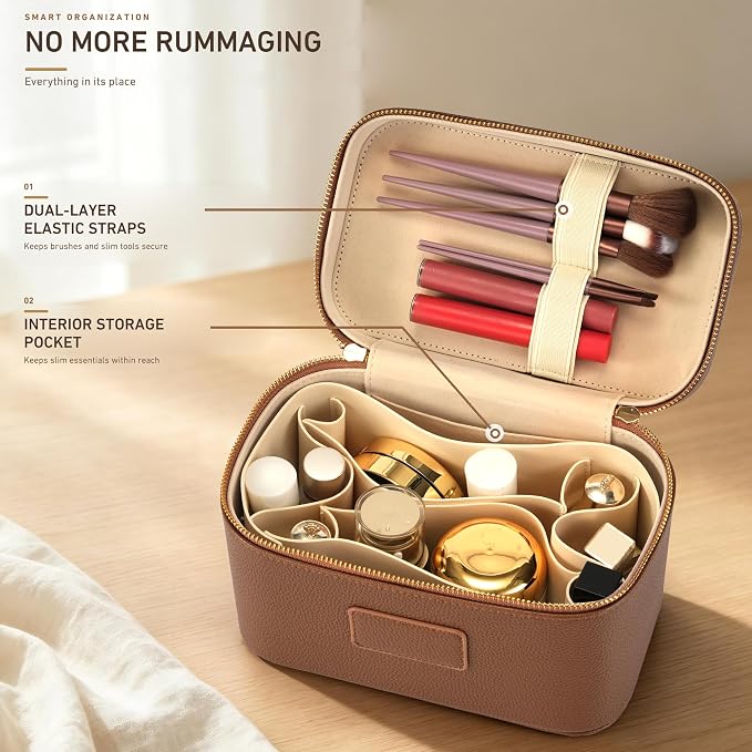 Makeup Bag Travel Toiletry Leather Cosmetic Case, Waterproof Makeup Organizer with Brush Holder, Wipe Clean Removable Divider Vanity Train Bag for Women, Brown - Image 4