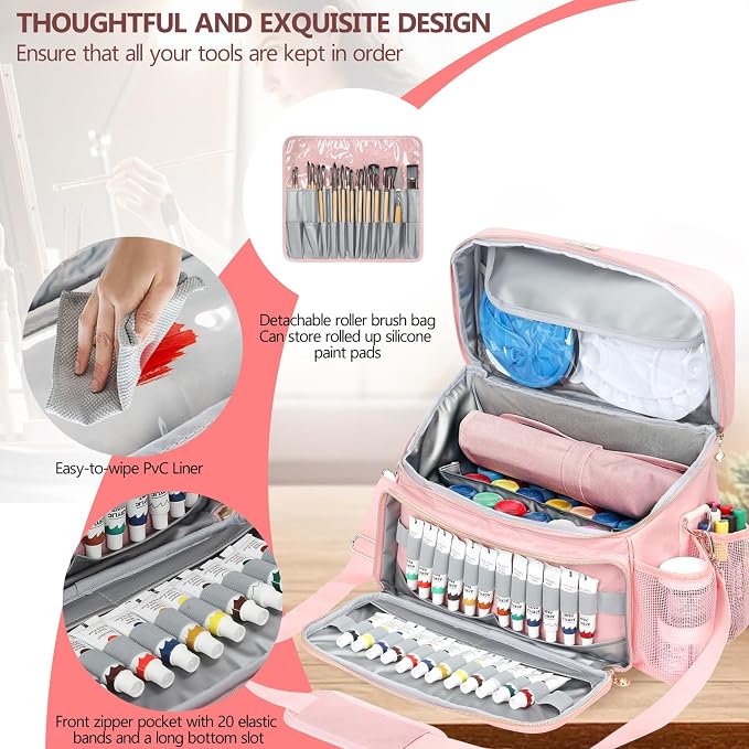 Acrylic Paint and Brush Set Organizer Bag - Carrying Case Compatible with Apple Barrel, Shuttle Art, Caliart Art Supplies - Includes Detachable Paint Brush Holder - for Home/Travel/Outdoor (Pro Pink) - Image 4