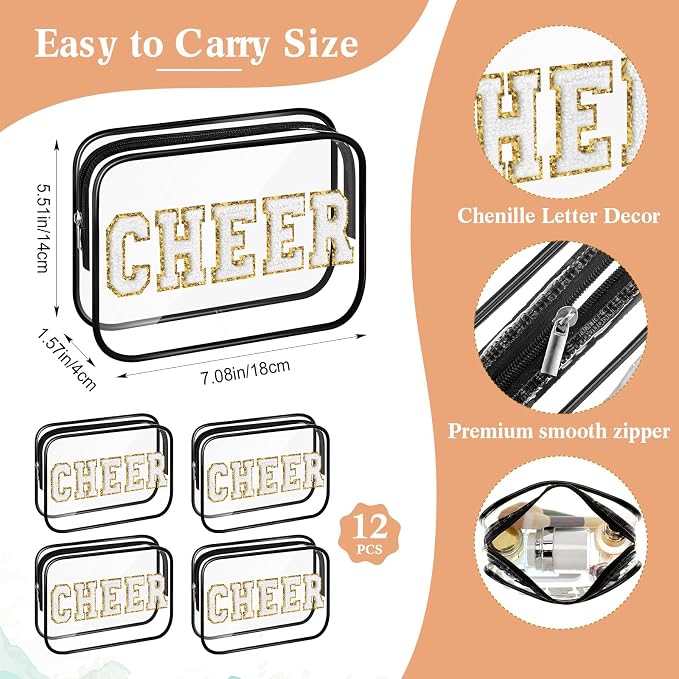 Kacctyen 12 Pack Cheer Clear Makeup Bags Bulk with Chenille Cheer Letter Patches Small Waterproof Cosmetic Pouch Zipper Travel Toiletry Bag Organizer for Women Girls Cheerleading Team Gift, Black - Image 3