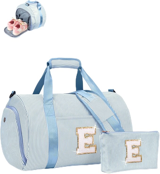 Holiday Gift for Grandkids, Girls Travel Duffle Bag, Kids Initial Overnight Bags with Shoe Compartment, Customized Weekender Bag with Makeup Pouch, Preppy Things for Preteen (Letter E) by Vogewood