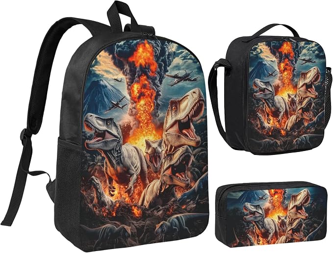 Dinosaur Kid Backpack Set with Lunch Bag & Pencil Case Large Capacity School Bag 17 Inch Bookbag for Boy Girl by thmnj