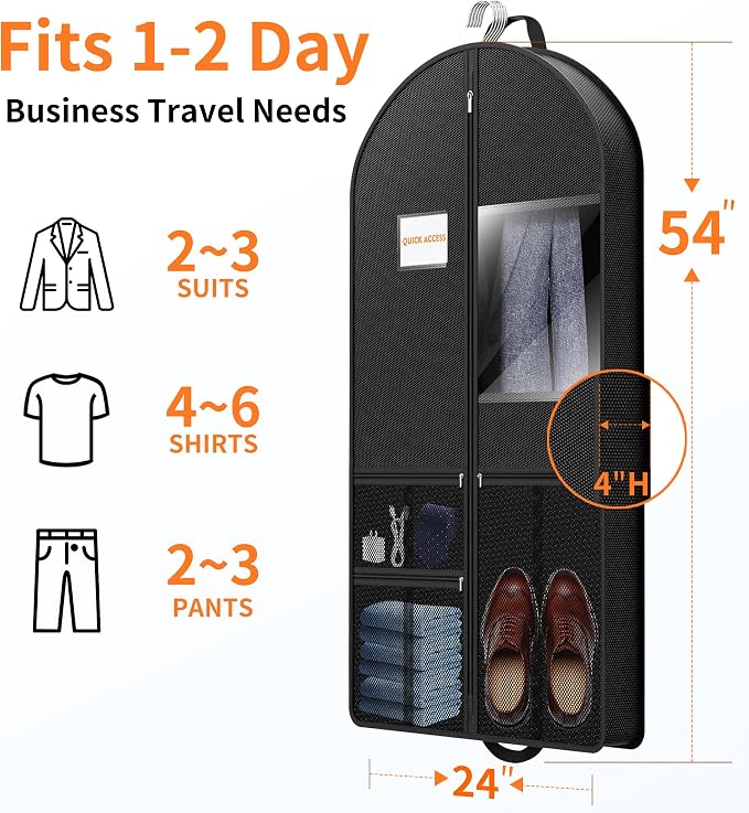 Garment Bag Travel Suit Storage: 54 Inch 3 Packs Fabric Breathable Zippered - Clothes Covers Carry Shoe Pockets Lightweight - Men Travel Wardrobe Protector Hanging Up Multiple - Image 2