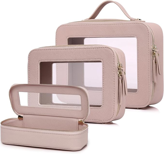 Travel Makeup Set, Pink, L+M+SLIM | Waterproof, Transparent Cosmetic Bag, Toiletry Bag, Makeup Brush Case with Zipper, Car Essentials for Women by LOFOWN