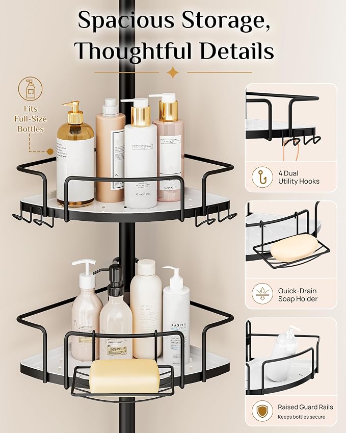 ALLZONE Corner Shower Caddy Tension Pole, 4 Hang-On Basket with Mixed-Height Shelves for Various Bottle Sizes, Extra Hooks & Soap Holder, Rustproof Stainless Steel, Fits 34–116 Inch, Black/White - Image 6