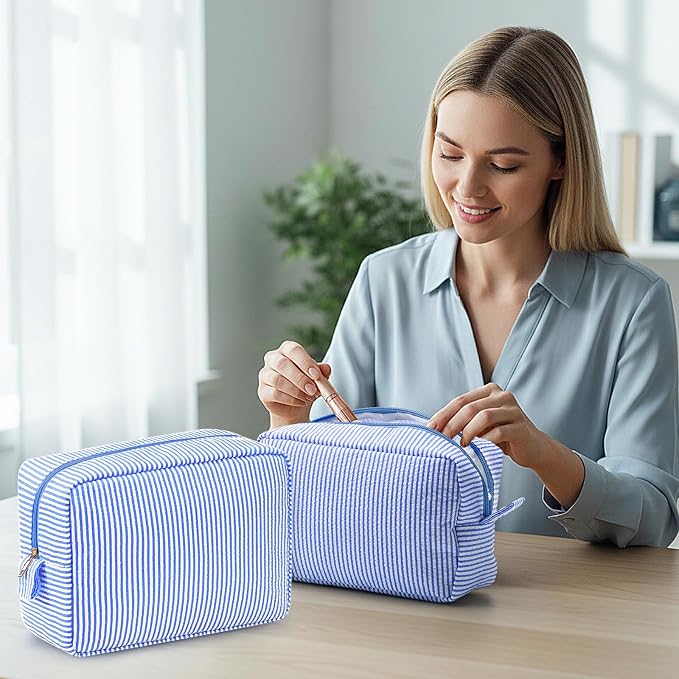 Sanwuta 10 Pcs Seersucker Cosmetic Bag Seersucker Makeup Bag Women Stripe Large Travel Toiletry Organizer Preppy Storage Pouch for Embroidery Wedding Bridesmaid Bride Mom (Navy Blue) - Image 4