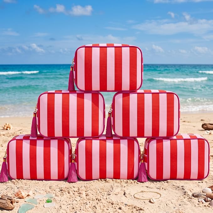 Kacctyen 6 Pack Tomato Red and Light Pink Striped Makeup Bag bulk with Tassel Travel Cosmetic Pouch Organizer Large Zipper Toiletry Case for Women Aesthetic Storage Pouch Mahjong Tile Bag by Kacctyen