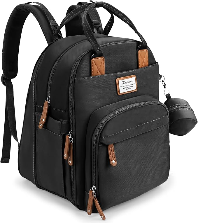 RUVALINO Diaper Bag Backpack-Expandable Baby Bag with up to 50% Capacity -Baby Essentials Bag with Changing Pad Insulated Bottle Holders & Pacifier Case, Waterproof, Black XL by RUVALINO
