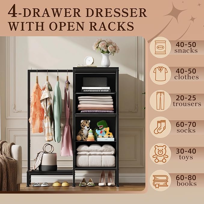 HIGDBFE Dresser with Hanging Rack, 4 Drawers Small Closet for Bedroom, Reversible Fabric Kids Chest of Drawers with Clothes Rack, Tall Storage Tower, Sturdy Frame, Grey, 44''H - Image 4