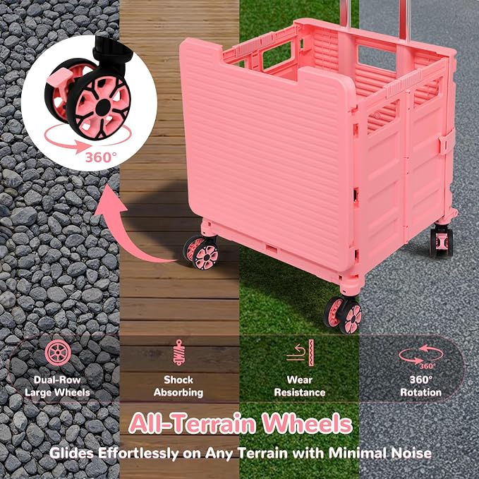 FELICON SELORSS Folding Utility Cart Portable Rolling Crate Handcart-Pink | Magnetic Sliding Lid+Lockable Transparent Front Panel,Telescoping Handle,4 Swivel Wheels Tote for Travel Shop Office Teacher - Image 3